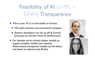 Feasibility of AI (∋ ML ∋
DNN) Transparency
• Worst case: AI is as inscrutable as humans.
• We audit accounts, not accountant’s synapses.
• Systems developers can set up (AI & human)
processes to monitor limits on performance.
• For decades we’ve trained simpler models to
inspect complex models (see recently
Ghahramani); transparent models can be better,
and easier to improve (see Rudin).
 