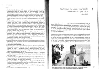 110 Joanna Lowry
Notes
1 Stephen Melville, 'Division of the gaze or remarks on the color and tenor
contemporary theory', in Melville, Seams: Art as a Philosophical Context, cd,..
Jeremy Gilbert-Rolfe (Amsterdam: G + B Arts, 1996), p. 121. Melville discusses tht
relationship between a Lacanian model of vision and Merleau-Ponty's concept
the embodied viewer in a way which has been helpful for my discussion here.
2 GeorgesDidi-Huberman's Invention of Hysteria, trans. Alisa Hartz (Cambridg,�1
Mass.: MIT, 2003) is one of the key works to have drawn attention to this relation•
ship.
3 Sander L. Gilman, Difference and Pathology: Stereotypes of Sexuality, Race and
Madness (New York: Cornell University, 1985); Didi-Huberman, Invention cf .·
Hysteria;David Green, 'Veins of resemblance: Francis Galton, photography and
eugenics'. Oxford Art Journal, T2 (1984), pp. 3-16; Jessica Evans, 'Toe iron cagc
of visibility'. Ten.8 International Photography Journal, 29 (1988), pp. 38-51; Suren
Lalvani, Photography, Vision and the Productíon of Modern Bodíes (Albany, N.Y.:
State University of New York Press, 1996); Allan Sekula, 'Toe body in the archive:
October, 39 (Winter 1986), pp. 3-64.
4 Sander Gilman, Seeingthe Insane (New York: John Wiley and Sons/Brunner/Mazel
Publishers, 1982). Gilman's discussion of this body of images can also be found in
his 'Toe image of the hysteric', in Sander L. Gilman, Helen King, Roy Porter, G.
S. Rousseau, and Elaine Showalter (eds), Hysteria Beyond Freud (Berkeley, Calif.:
University of California Press, 1993), pp. 345-452.
5 Connolly, quoted in Gilman, Seeíng the Insane, p. 168.
6 CharlesDarwin, TheExpression oftheEmotions in Man andAnimals (1871; London:
John Murray, 1904). See Gilman's discussion ofDarwin's use of photographs in his
Seeíng the Insane, pp. 179-90.
7 See Gilman, Seeing the Insane, p. 185.
8 There have been many studies of Charcot's treatment of hysteria, notablyDidi­
Huberman's Invention of Hysteria; A. R. G. Owen, Hysteria, Hypnosis and
Healing: The Work of J.-M. Charcot (London: Dobson, 1971); Felicia McCarren,
'Toe "symptomatic act'' circa 1900: hysteria, hypnosis, electricity, dance'. Critica!
Inquiry, 21:4 (Summer 1995), pp. 748-73-
9 Ulrich Baer has made this aspect of Charcot's work the subject of a fascinating
study in his Spectral Evidence: The Photography of Trauma (Cambridge, Mass.:
MIT Press, 2002).
10 An extended discussion of the ethical implications of this work can be found in
David Hopkins, "'Out of it": drunkenness and ethics in Martha Rosler and Gillian
Wearing', Art History, 26:3 (June 2003), pp. 340-63.
11 Jacques Lacan, 'Toe line and light'. in 'Toegaze as Objet petít a'. in The Four Funda­
mental Concepts of Psychoanalysís, trans. Alan Sheridan (London: Hogarth Press/
Institute of Psychoanalysis, 1977), pp. 91-104.
12 Rosalind Krauss, 'Video: the aesthetics of narcissism', October, 1 (Spring 1976), pp.
50-64.
1.1 lüauss, 'Video: the aesthetics of narcissisrn', p. 53.
'You've got me under your spell': 5
the entranced spectator
Maria Walsh
Strains of familiar music emanate from the space. I enter the gallery cube. A
video is being projected. I know it is 3'48" in duration, so I watch distractedly,
waiting for the loop to begin again. By that time, I have identified the music
as one of Ennio Morricone's haunting seores for Sergio Leone's spaghetti
westerns.' Toe film is Lasso (2000) by Finnish artist Salla Tykka (figures
5.1-5.3). Toe loop begins.
A young girl in a blue tracksuit comes running down a street towards the camera.
She stops at a house and, getting no answer to the house-bell, she walks around
to the side and looks in the window. She sees a bare-chested young man in the
sitting room frenetically lassoing the empty space around him. The incongruity
of this scene is overridden by the choreography of his movements, which seem
in sync with the hypnotic rhythm of the music. She stares transfixed. I gaze at
Salla Tykka, Lasso, 2000 (video still). Video, colour, sound, 3 minutes 48 seconds.
!n C::.11:. T"kk,i íni irtP,v nfthP r1rti<;t r1nd Yvon Lambert Paris. New York.
5.1
 