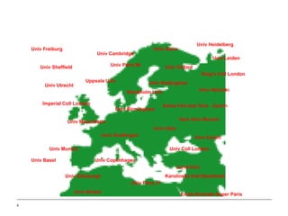 Univ Heidelberg
    Univ Freiburg                                          Univ Bonn
                                  Univ Cambridge
                                                                                       Univ Leiden
       Univ Sheffield                     Univ Paris 06           Univ Oxford
                                                                                   King's Coll London
                             Uppsala Univ                 Univ Nottingham
         Univ Utrecht
                                                 Stockholm Univ                  Univ Helsinki

        Imperial Coll London                                      Swiss Fed Inst Tech - Zurich
                                            Univ Birmingham

                    Univ Manchester                                     Tech Univ Munich
                                                           Univ Oslo
                                       Univ Goettingen                          Univ Zurich

           Univ Munich                                              Univ Coll London

    Univ Basel                   Univ Copenhagen
                                                                       Lund Univ
                    Univ Edinburgh                                Karolinska Inst Stockholm
                                                  Univ Paris 11
                        Univ Bristol                                     Ecole Normale Super Paris

6
 