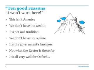 “Ten good reasons
it won’t work here!”
• This isn’t America
• We don’t have the wealth
• It’s not our tradition
• We don’t have tax regime
• It’s the government’s business
• Not what the Rector is there for
• It’s all very well for Oxford…

8                                    © More Partnership
 