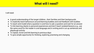 What will I need?
I will need:
● A good understanding of the target children , their families and their backgrounds
● To explicitly teach behaviours around learning buddies and oral feedback with buddies
● To teach and model what a question is and how to ask a question and wait for an answer
● To link learning clearly to personal experiences and don’t teach isolated lessons e.g., use
the same word for the reader in oral language and in writing and in cut up sentences and
playdough activity
● To repeat, revisit and link learning to previous days
● To give ample opportunity for thinking, exploring, practising and changing
 