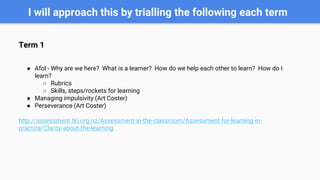 I will approach this by trialling the following each term
Term 1
● Afol - Why are we here? What is a learner? How do we help each other to learn? How do I
learn?
○ Rubrics
○ Skills, steps/rockets for learning
● Managing impulsivity (Art Coster)
● Perseverance (Art Coster)
http://assessment.tki.org.nz/Assessment-in-the-classroom/Assessment-for-learning-in-
practice/Clarity-about-the-learning
 