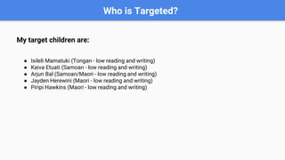 Who is Targeted?
My target children are:
● Isileli Mamatuki (Tongan - low reading and writing)
● Kaiva Etuati (Samoan - low reading and writing)
● Arjun Bal (Samoan/Maori - low reading and writing)
● Jayden Herewini (Maori - low reading and writing)
● Piripi Hawkins (Maori - low reading and writing)
 
