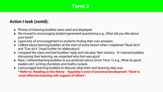 Term 2
Action I took (contd):
● Photos of listening buddies were used and displayed
● We moved to encouraging student-generated questioning e.g., What did you like about
your book?
● I gave lots of encouragement to students finding their own answers
● I talked about learning buddies at the start of every lesson when I explained “Must do’s”
and “Can do’s” (read further for elaboration)
● I stopped the class and had buddies ‘reply and role play’ their actions. If I noticed buddies
discussing their learning, we unpacked why that was good
● Next, I refered learning buddies to our pictorial rubrics (from Term 1) e.g., What do good
readers do?, writing checklists and maths rockets
● I encouraged learning buddies to discuss what their next learning step was
* Refer to: Reading on the theory - Vygotsky’s zone of proximal development “there is
more effective learning with support of others”.
 
