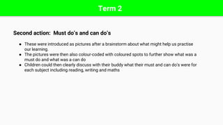 Term 2
Second action: Must do’s and can do’s
● These were introduced as pictures after a brainstorm about what might help us practise
our learning.
● The pictures were then also colour-coded with coloured spots to further show what was a
must do and what was a can do
● Children could then clearly discuss with their buddy what their must and can do’s were for
each subject including reading, writing and maths
 