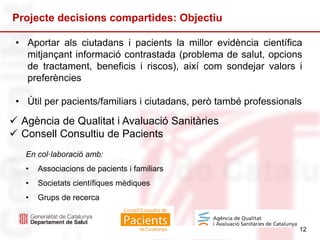 12
 Agència de Qualitat i Avaluació Sanitàries
 Consell Consultiu de Pacients
En col·laboració amb:
• Associacions de pacients i familiars
• Societats científiques mèdiques
• Grups de recerca
Projecte decisions compartides: Objectiu
12
• Aportar als ciutadans i pacients la millor evidència científica
mitjançant informació contrastada (problema de salut, opcions
de tractament, beneficis i riscos), així com sondejar valors i
preferències
• Útil per pacients/familiars i ciutadans, però també professionals
 