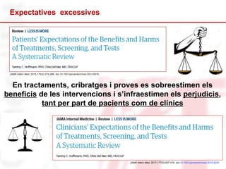 JAMA Intern Med. 2017;177(3):407-419. doi:10.1001/jamainternmed.2016.8254
JAMA Intern Med. 2015;175(2):274-286. doi:10.1001/jamainternmed.2014.6016
En tractaments, cribratges i proves es sobreestimen els
beneficis de les intervencions i s’infraestimen els perjudicis,
tant per part de pacients com de clínics
Expectatives excessives
 