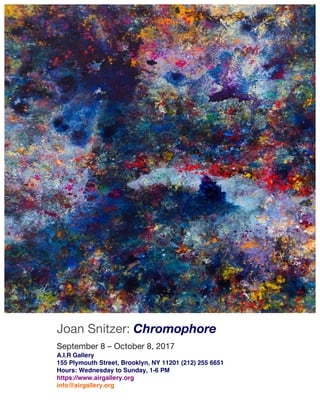 Joan Snitzer: Chromophore
September 8 – October 8, 2017
A.I.R Gallery
155 Plymouth Street, Brooklyn, NY 11201 (212) 255 6651
 Hours: Wednesday to Sunday, 1-6 PM
https://www.airgallery.org
 info@airgallery.org
 