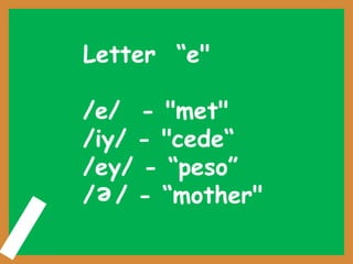 Letter “e"
/e/ - "met"
/iy/ - "cede“
/ey/ - “peso”
/ / - “mother"
e
 