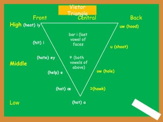 Front Central Back
High
Middle
Low
(heat) iy
(hit) i
(hate) ey
(help) e
(hat) æ
(hot) a
uw (hood)
u (shoot)
ow (hole)
(hawk)
c
bar i (last
vowel of
faces
(both
vowels of
above)
e
Vietor
Triangle
 