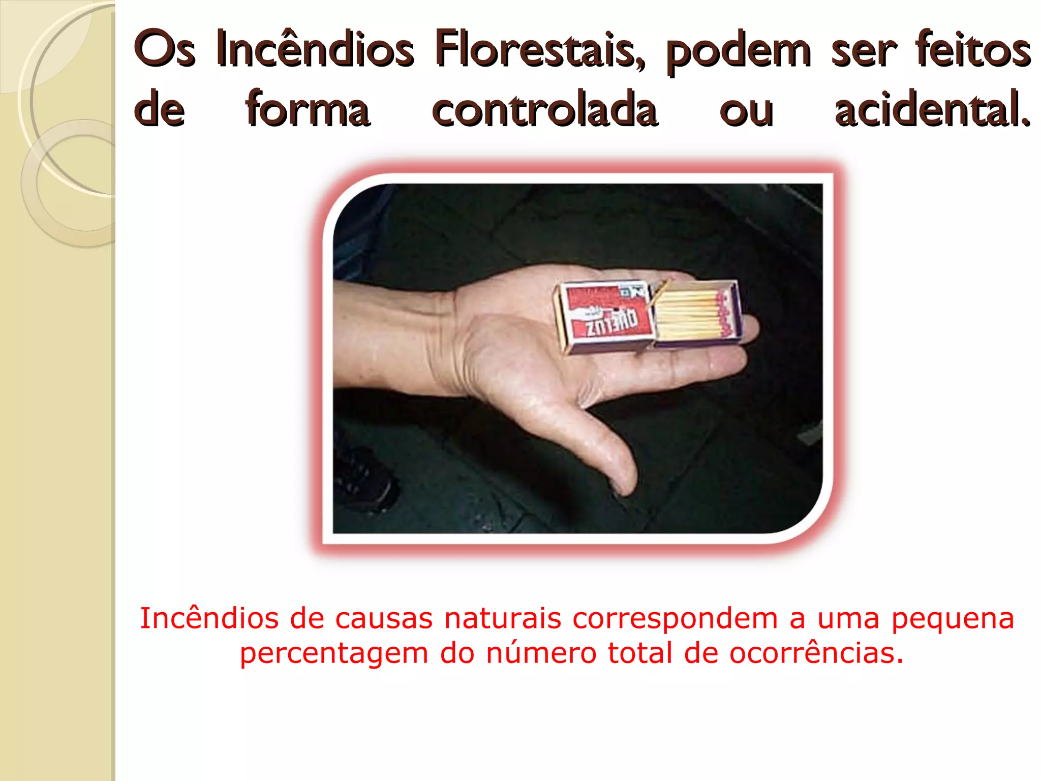 Os Incêndios Florestais, podem ser feitos de forma controlada ou acidental. Incêndios de causas naturais correspondem a uma pequena percentagem do número total de ocorrências.  