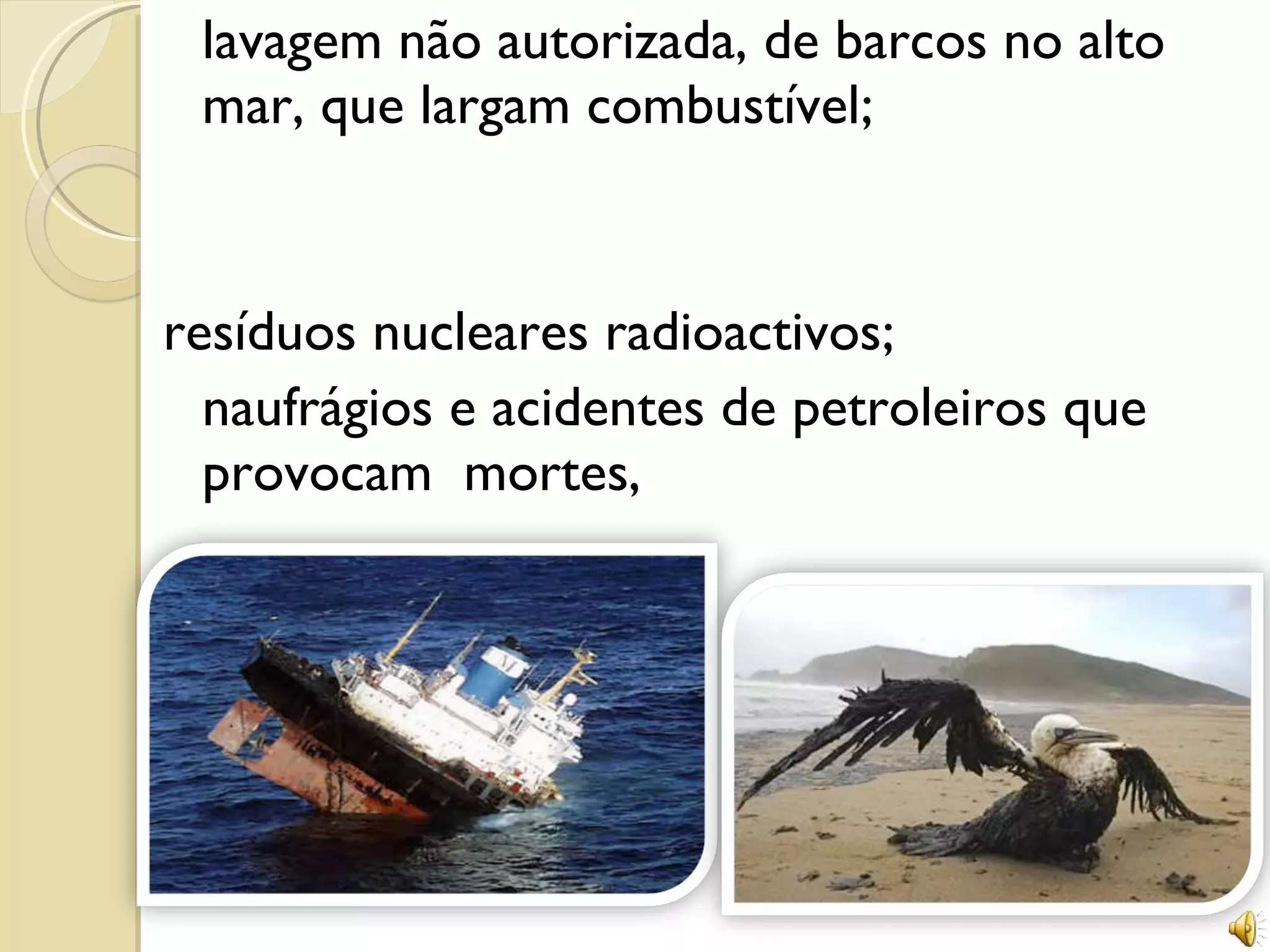 lavagem não autorizada, de barcos no alto mar, que largam combustível; resíduos nucleares radioactivos; naufrágios e acidentes de petroleiros que provocam  mortes,  