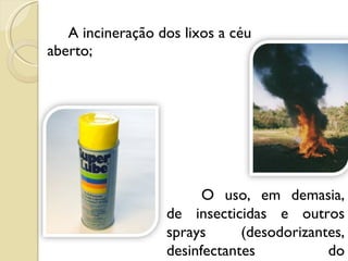 A incineração dos lixos a céu aberto;  O uso, em demasia, de insecticidas e outros sprays (desodorizantes, desinfectantes do ambiente);  