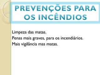 Limpeza das matas. Penas mais graves, para os incendiários.  Mais vigilância mas matas.  