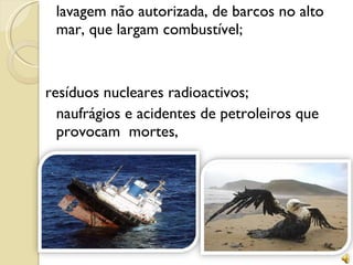 lavagem não autorizada, de barcos no alto mar, que largam combustível; resíduos nucleares radioactivos; naufrágios e acidentes de petroleiros que provocam  mortes,  