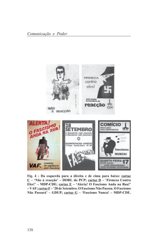 Comunicação e Poder




Fig. 4 - Da esquerda para a direita e de cima para baixo: cartaz
C – ‘Não à reacção’ – DORL do PCP; cartaz D – ‘Firmeza Contra
Eles!’ – MDP-CDE; cartaz E – ‘Alerta! O Fascismo Anda na Rua!’
– VAF; cartaz F – ’28 de Setembro. O Fascismo Não Passou. O Fascismo
Não Passará’ – GDUP; cartaz G – ‘Fascismo Nunca! – MDP-CDE.




138
 