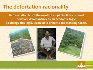 The defortation racionality
   Deforestation is not the result of stupidity. It is a rational
        decision, driven mainly by an economic logic.
 To change this logic, we need to enhance the standing forest.
 