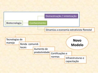 Domesticação / sintetização

Biotecnologia       Conhecimento

                                 Dinamiza a economia extrativista florestal


Tecnologias de                                           Novo
manejo      Renda comunid.                             Modelo
            locais
                      Aumento de
                      produtividade Certificações e
                                    normas        Infraestruturas e
                                                   capacitação
 