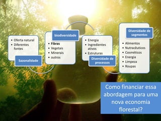 Diversidade de
                          biodiversidade                                segmentos
• Oferta natural                           • Energia
• Diferentes        •   Fibras             • Ingredientes       •   Alimentos
  fontes            •   Vegetais             ativos             •   Nutracêuticos
                    •   Minerais           • Estruturas         •   Cosméticos
                    •   outros                 Diversidade de   •   Energia
     Sazonalidade                                               •   Limpeza
                                                 processos
                                                                •   Roupas




                                                        Como financiar essa
                                                       abordagem para uma
                                                          nova economia
                                                            florestal?
 