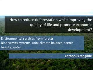How to reduce deforestation while improving the
                 quality of life and promote economic
                                         development?

Environmental services from forests
Biodiversity systems, rain, climate balance, scenic
beauty, water ...

                                             Carbon is tangible
 