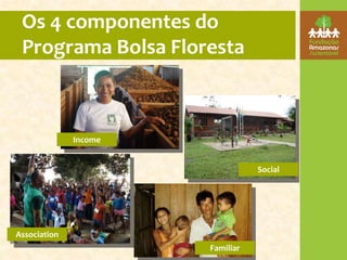Os 4 componentes do
 Programa Bolsa Floresta



              Income


                                  Social




Association
                       Familiar
 