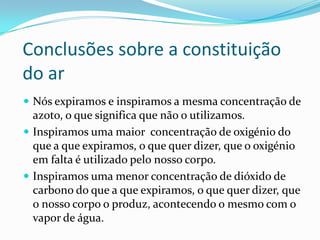 Conclusões sobre a constituição do arNós expiramos e inspiramos a mesma concentração de azoto, o que significa que não o utilizamos.Inspiramos uma maior  concentração de oxigénio do que a que expiramos, o que quer dizer, que o oxigénio em falta é utilizado pelo nosso corpo.Inspiramos uma menor concentração de dióxido de carbono do que a que expiramos, o que quer dizer, que o nosso corpo o produz, acontecendo o mesmo com o vapor de água. 