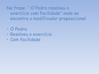 Na frase: “ O Pedro resolveu o exercício com facilidade” onde se encontra o modificador preposicional O Pedro Resolveu o exercício Com facilidade   