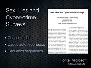 Sex, Lies and
Cyber-crime
Surveys

Concentradas
Dados auto reportados
Pequenos segmentos

                        Fonte: Microsoft
                            http://va.mu/EQNH
 