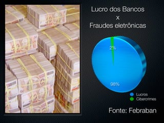 Lucro dos Bancos
        x
Fraudes eletrônicas


      2%




       98%

               Lucros
               Cibercrimes


      Fonte: Febraban
 