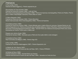 PRÉMIOS
À Flor do Mar (1976):
Festival de Salsomaggiore () - Prémio especial do júri

Recordações da Casa Amarela (1989):
Festival de Cinema de Veneza (1989) - Leão de Prata
Recontres Cinematographiques Dunkerque (1989) - Prémio da imprensa cinematográfica, Prémio do Público, Prémio
para a melhor interpretação masculina, Prémio Mise en scéne

O Último Mergulho (1992):
Festival de Cinema de Veneza (1992) - Prémio filmcritica
Mostra Internazionale d'Arte Cinematografica (1992) - Prémio da Imprensa

A Comédia de Deus (1995):
Festival de Cinema de Veneza (1995) - Prémio Miniotto para o melhor filme em concurso, Grande Prémio do Júri,
Prémio Especial do Júri, Prémio do Sindicato dos Jornalistas Italianos, Prémio Filmcritica, Prémio CinemAvvenire
Recontres Cinematographiques Dunkerque (1995) - Grande Prémio da Cidade de Dunquerque,Prémio dos Jovens
Estudantes de Cinema, Prémio para o melhor ator

Passeio com Johnny Guitar (1995):
Festival de Cannes (1996) - Nomeado para a Palma de Ouro pela melhor curta-metragem

A Comédia de Deus (1995):
Real Cinemateca da Bélgica (1996) - Prémio l'Age d'Or

À Flor do Mar (1986):
Festival de Cinema de Salsimaggiore (1997) - Prémio Especial do Júri

Le Bassin de John Wayne (1997):
Festival Internacional de Cinema de Mar del Plata (1997) - Prémio FIPRESCI

As Bodas de Deus (1999):
Festival Cinéssone (1999) - Grande Prémio do Festival
Festival Internacional de Cinema de Mar del Plata (1999) - Vencedor do Ombú de Ouro
 