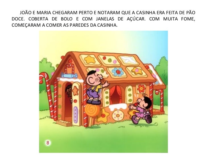 JOÃO E MARIA CHEGARAM PERTO E NOTARAM QUE A CASINHA ERA FEITA DE PÃODOCE. COBERTA DE BOLO E COM JANELAS DE AÇÚCAR. COM MUI...