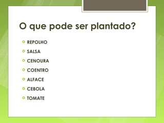 O que pode ser plantado?
   REPOLHO
   SALSA
   CENOURA
   COENTRO
   ALFACE
   CEBOLA
   TOMATE
 