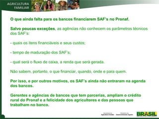 O que ainda falta para os bancos financiarem SAF’s no Pronaf.

Salvo poucas exceções, as agências não conhecem os parâmetros técnicos
dos SAF’s:

- quais os itens financiáveis e seus custos;

- tempo de maduração dos SAF’s;

- qual será o fluxo de caixa, a renda que será gerada.

Não sabem, portanto, o que financiar, quando, onde e para quem.

Por isso, e por outros motivos, os SAF’s ainda não entraram na agenda
dos bancos.

Gerentes e agências de bancos que tem parcerias, ampliam o crédito
rural do Pronaf e a felicidade dos agricultores e das pessoas que
trabalham no banco.
 