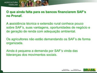 O que ainda falta para os bancos financiarem SAF’s
no Pronaf.

A assistência técnica e extensão rural conhece pouco
sobre SAF’s, suas vantagens, oportunidades de negócio e
de geração de renda com adequação ambiental.

Os agricultores não estão demandando os SAF’s de forma
organizada.

Ainda é pequena a demanda por SAF’s vinda das
lideranças dos movimentos sociais.
 