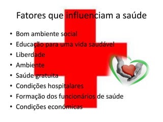 Fatores que influenciam a saúde
•   Bom ambiente social
•   Educação para uma vida saudável
•   Liberdade
•   Ambiente
•   Saúde gratuita
•   Condições hospitalares
•   Formação dos funcionários de saúde
•   Condições económicas
 