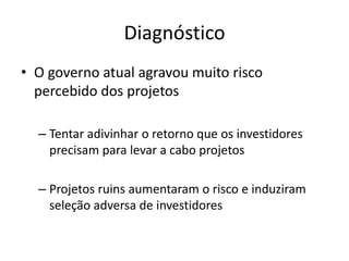 Diagnóstico 
•O governo atual agravou muito risco percebido dos projetos 
–Tentar adivinhar o retorno que os investidores precisam para levar a cabo projetos 
–Projetos ruins aumentaram o risco e induziram seleção adversa de investidores  