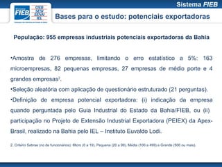 Bases para o estudo: potenciais exportadoras

  População: 955 empresas industriais potenciais exportadoras da Bahia


•Amostra de 276 empresas, limitando o erro estatístico a 5%: 163
microempresas, 82 pequenas empresas, 27 empresas de médio porte e 4
grandes empresas2.
•Seleção aleatória com aplicação de questionário estruturado (21 perguntas).
•Definição de empresa potencial exportadora: (i) indicação da empresa
quando perguntada pelo Guia Industrial do Estado da Bahia/FIEB, ou (ii)
participação no Projeto de Extensão Industrial Exportadora (PEIEX) da Apex-
Brasil, realizado na Bahia pelo IEL – Instituto Euvaldo Lodi.

2. Critério Sebrae (no de funcionários): Micro (0 a 19), Pequena (20 a 99), Média (100 a 499) e Grande (500 ou mais).
 