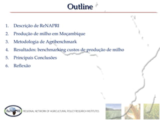 OutlineOutline
1. Descrição de ReNAPRI
2. Produção de milho em Moçambique
3. Metodologia de Agribenchmark
4. Resultados: benchmarking custos de produção de milho
5. Principais Conclusões
6. Reflexão
 