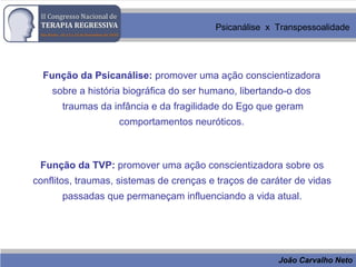 Psicanálise x Transpessoalidade
João Carvalho Neto
Função da Psicanálise: promover uma ação conscientizadora
sobre a história biográfica do ser humano, libertando-o dos
traumas da infância e da fragilidade do Ego que geram
comportamentos neuróticos.
Função da TVP: promover uma ação conscientizadora sobre os
conflitos, traumas, sistemas de crenças e traços de caráter de vidas
passadas que permaneçam influenciando a vida atual.
 
