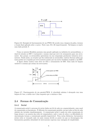 Figura 2.6: Exemplo de funcionamento de um PWM. De acordo com a largura do pulso, teremos
a tens˜ao ﬁnal aplicada sobre o motor. Neste caso, 50 e 20 respectivamente. Tal largura se repete
num dado per´ıodo T.
Como os motores Brushless possuem uma grande aplica¸c˜ao na ind´ustria do aeromodelismo, o
sinal de entrada no ESC ´e exatamente o mesmo sinal que serve de acionamento para um servo-
motor. Isso porque, os aeromodelos apresentam em sua composi¸c˜ao geralmente in´umeros servo-
motores. Sendo assim, no receptor que ﬁca embarcado no aeromodelo, existem diversas sa´ıdas que
tanto podem ser ocupadas por servo-motores quanto por um motor brushless acoplado a um ESC.
A ﬁgura abaixo mostra como deve ser feito o acionamento do ESC. Essa onda de largura
vari´avel ´e a mesma que aciona um servo-motor.
Figura 2.7: Funcionamento de um pseudo-PWM. A velocidade m´ınima ´e alcan¸cada com uma
largura de 1ms, a m´edia com 1,5ms enquanto que a m´axima a 2ms.
2.4 Formas de Comunica¸c˜ao
2.4.1 Serial
A comunica¸c˜ao serial ´e o processo de enviar dados um bit de cada vez, sequencialmente, num canal
de comunica¸c˜ao ou barramento. ´E diferente da comunica¸c˜ao paralela, em que todos os bits de cada
s´ımbolo s˜ao enviados simultˆaneamente. A comunica¸c˜ao serial ´e usada em toda comunica¸c˜ao de
longo alcance e na maioria das redes de computadores, onde o custo de cabos e as diﬁculdades de
sincroniza¸c˜ao tornam a comunica¸c˜ao paralela impratic´avel. Para curtas distˆancias, barramentos
seriais est˜ao se tornando cada vez mais comuns devido ao ponto em que as desvantagens dos
barramentos paralelos (densidade de interconex˜ao) superam suas vantagens de simplicidade.
8
 