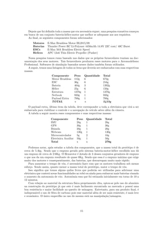 Depois que foi deﬁnida toda a massa que era necess´aria erguer, uma pesquisa exaustiva come¸cou
em busca de um conjunto bateria-h´elice-motor que melhor se adequasse aos aos requisitos.
Ao ﬁnal, os seguintes componentes foram selecionados:
Motores E-Max Brushless Motor BL2815/09
Baterias Thunder Power RC Li-Polymer 4450mAh 14.8V 22C cont/ 40C Burst
ESCs E-Max 50A Brushless Eletric Speed
Helices APC 12x6 Thin Eletric Propeller (Pusher)
Nossa pesquisa tomou rumo baseado nos dados que os pr´oprios fornecedores traziam na doc-
umenta¸c˜ao dos seus motores. Tais fornecedores produzem esses motores para o Aeromodelismo
Proﬁssional. Softwares de simula¸c˜ao baseados nesses dados tamb´em foram utilizados.
A seguir, temos uma listagem de todos os itens que dever˜ao ser embarcados com suas respectivas
massas.
Componente Peso Quantidade Total
Motor Brushless 112g 6 672g
ESC 36g 6 216g
Bateria 464g 3 1392g
H´elice 25g 6 150g
Estrutura 1370g 1 1370g
Netbook 933g 1 933g
Payload Extra 700g 1 700g
TOTAL Ö Ö 5433g
O payload extra, ´ultimo item da tabela, deve corresponder a toda a eletrˆonica que vir´a a ser
embarcada para viabilizar o controle e a navega¸c˜ao do ve´ıculo a´ereo al´em da cˆamera.
A tabela a seguir mostra esses componentes e suas respectivas massas:
Componente Peso Quantidade Total
IMU 28g 1 28g
GPS 30g 1 30g
B´ussola 20g 1 20g
Webcam 130g 1 130g
Microcontrolador 5g 2 10g
Eletrˆonica Auxiliar 50g 1 50g
Total x x 278g
Podemos notar, ap´os estudar a tabela dos componentes, que a massa total do prot´otipo ´e de
cerca de 5.4kg. Sendo que o empuxo gerado pelo sistema bateria-motor-h´elice escolhido nos d´a
um empuxo de cerca de 2.6Kg. O Hexarotor ´e dotado de 3 desses conjuntos geradores de empuxo
o que nos da um empuxo resultante de quase 8Kg. Sendo que essa ´e o empuxo m´aximo que exige
muito dos motores e consequentimente, das baterias, que descarregam muito mais r´apido.
Para aumentar o tempo de vˆoo, ´e necess´ario fazer com que os motores trabalhem sob menos
esfor¸co. Sendo assim, quanto menor a massa total do prot´otipo, maior o tempo de vˆoo.
Isso signiﬁca que temos alguns quilos livres que poder˜ao ser utilizadas para adicionar uma
eletrˆonica que conter´a novas funcionalidades ao robˆo ou ainda para embarcar mais baterias visando
o aumento da autonomia de vˆoo. Autonˆomia essa que foi estimada inicialmente em torno de 10 a
12 minutos.
Com rela¸c˜ao ao material da estrutura f´ısica propriamente dita, optou-se pelo uso do alum´ınio
na constru¸c˜ao do prot´otipo j´a que este ´e mais facilmente encontrado no mercado e possu´ı uma
boa resistˆencia e maior facilidade no quesito de usinagem. Entretanto, para um produto ﬁnal, ´e
indispens´avel o uso de ﬁbra de carbono pois esse material al´em de ser mais resistente, ´e mais leve
e econˆomico. O ´unico empecilho no uso do mesmo est´a na manipula¸c˜ao/usinagem.
15
 