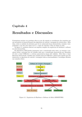 Cap´ıtulo 4
Resultados e Discuss˜oes
Conseguimos projetar um prot´otipo eﬁcaz no que diz respeito ao atendimento dos requisitos que
s˜ao necess´arios ao desenvolvimento dos algor´ıtmos de controle e navega¸c˜ao do ve´ıculo a´ereo. Al´em
disso, todos os m´odulos da eletrˆonica que ir´a ser embarcada foram desenvolvidos, testados e inte-
gralizados e com eles uma classe em C++ capaz de controlar o ﬂuxo de dados no robˆo.
Na ﬁgura 4.1, podemos observar um esquema completo da arquitetura de hardware e software
do robˆo desenvolvido.
Os dispositivos USB listados juntamente com a comunica¸c˜ao entre esses e os sensores e atu-
adores foram o principal foco do trabalho dado que a comunica¸c˜ao desenvolvida por Maranh˜ao
[7] entre a classe USBrobot e o sistema operacional ja havia sido validada. Al´em disso a classe
Hexarotor desenvolvida, trabalha uma camada acima da USBrobot e abstrai para aqueles que ir˜ao
desenvolver os algoritmos de controle e navega¸c˜ao todas as funcionalidades e tecnologias distintas
nas camadas abaixo.
Figura 4.1: Arquitetura de Hardware e Software do Robˆo AEROPETRO.
25
 