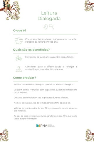Conversa entre adultos e crianças antes, durante
e depois da leitura em voz alta.
Leitura
Dialogada
O que é?
Fortalecer os laços afetivos entre pais e ﬁlhos.
Quais são os benefícios?
Contribuir para a alfabetização e reforçar a
aprendizagem escolar das crianças.
Como praticar?
Escolha um momento tranquilo para iniciar a leitura dialogada.
Leia com calma. Pronuncie bem as palavras, cuidando com carinho
do tom de voz.
Deslize o dedo indicador sob as palavras durante a leitura.
Nomeie as ilustrações e dê tempo para seu ﬁlho apreciá-las.
Valorize os comentários de seu ﬁlho, explorando outros aspectos
das histórias.
Ao sair de casa, leve sempre livros para ler com seu ﬁlho. Aproveite
todas as oportunidades!
 