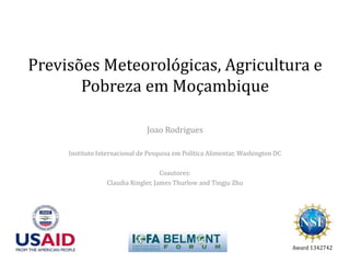 Previsões Meteorológicas, Agricultura e
Pobreza em Moçambique
Joao Rodrigues
Instituto Internacional de Pesquisa em Política Alimentar, Washington DC
Coautores:
Claudia Ringler, James Thurlow and Tingju Zhu
Award 1342742
 