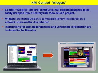 HMI Control “Widgets” Control “Widgets” are pre-configured HMI objects designed to be easily dropped into a FactoryTalk View Studio project.  Standardized Releases Reduce Design Time Widgets are distributed in a centralized library file stored on a network share on the Joa Intranet.  instructions for use, dependencies and versioning information are included in the libraries.  