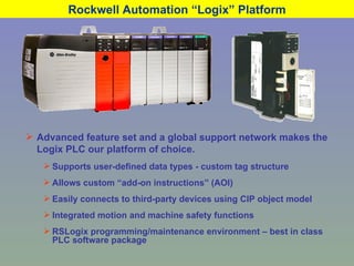 Rockwell Automation “Logix” Platform Advanced feature set and a global support network makes the Logix PLC our platform of choice. Supports user-defined data types - custom tag structure Allows custom “add-on instructions” (AOI)  Easily connects to third-party devices using CIP object model Integrated motion and machine safety functions RSLogix programming/maintenance environment – best in class PLC software package 