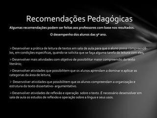 Algumas recomendações podem ser feitas aos professores com base nos resultados. O desempenho dos alunos das 9ª ano. Desenvolver a prática de leitura de textos em sala de aula para que o aluno possa compreendê-los, em condições especificas, quando se solicita que se faça alguma tarefa de leitura com eles; Desenvolver mais atividades com objetivo de possibilitar maior compreensão do texto literário; Desenvolver atividades que possibilitem que os alunos aprendam a dominar e aplicar as categorias da área de leitura; Desenvolver atividades que possibilitem que os alunos compreendam a organização e estrutura do texto dissertativo- argumentativo. Desenvolver atividades de reflexão e operação  sobre o texto .É necessário desenvolver em sala de aula os estudos de reflexão e operação sobre a língua e seus usos. Recomendações Pedagógicas 