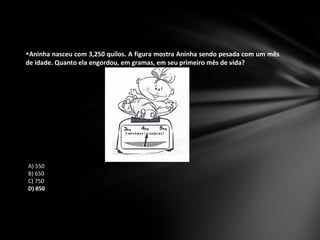 Aninha nasceu com 3,250 quilos. A figura mostra Aninha sendo pesada com um mês de idade. Quanto ela engordou, em gramas, em seu primeiro mês de vida? A) 550 B) 650 C) 750 D) 850 