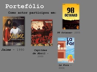 PortefólioComo actor participou em:  98 Octanas- 2005Jaime- 1990Capitães de Abril- 2000Lá Fora - 2004
