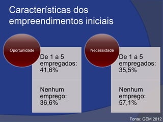 Características dos
empreendimentos iniciais
De 1 a 5
empregados:
41,6%
Nenhum
emprego:
36,6%
Oportunidade
De 1 a 5
empregados:
35,5%
Nenhum
emprego:
57,1%
Necessidade
Fonte: GEM 2012
 